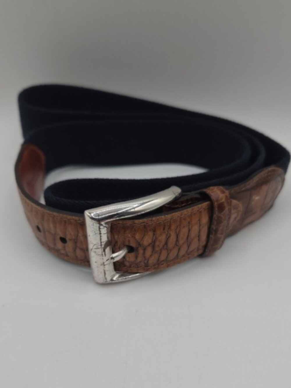 Trafalgar Navy Canvas Belt Brown Croc Embossed Leather Silver Buckle
